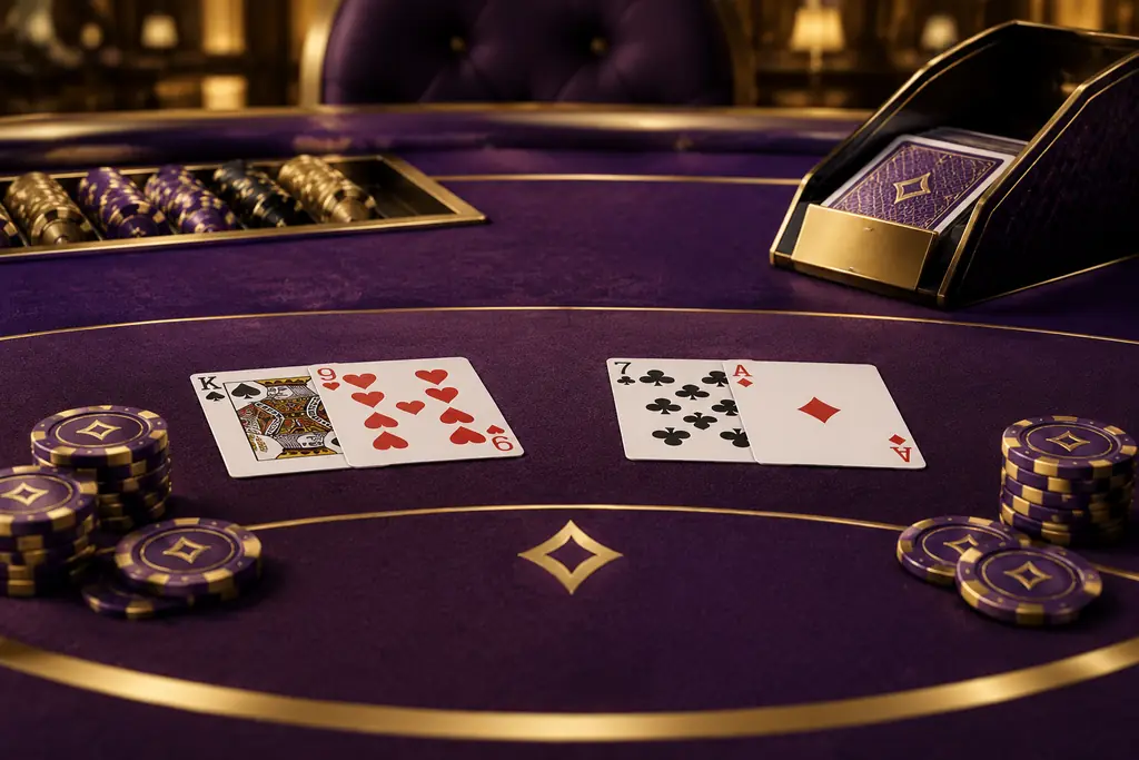 Kartu baccarat dan tumpukan cip di atas kain ungu