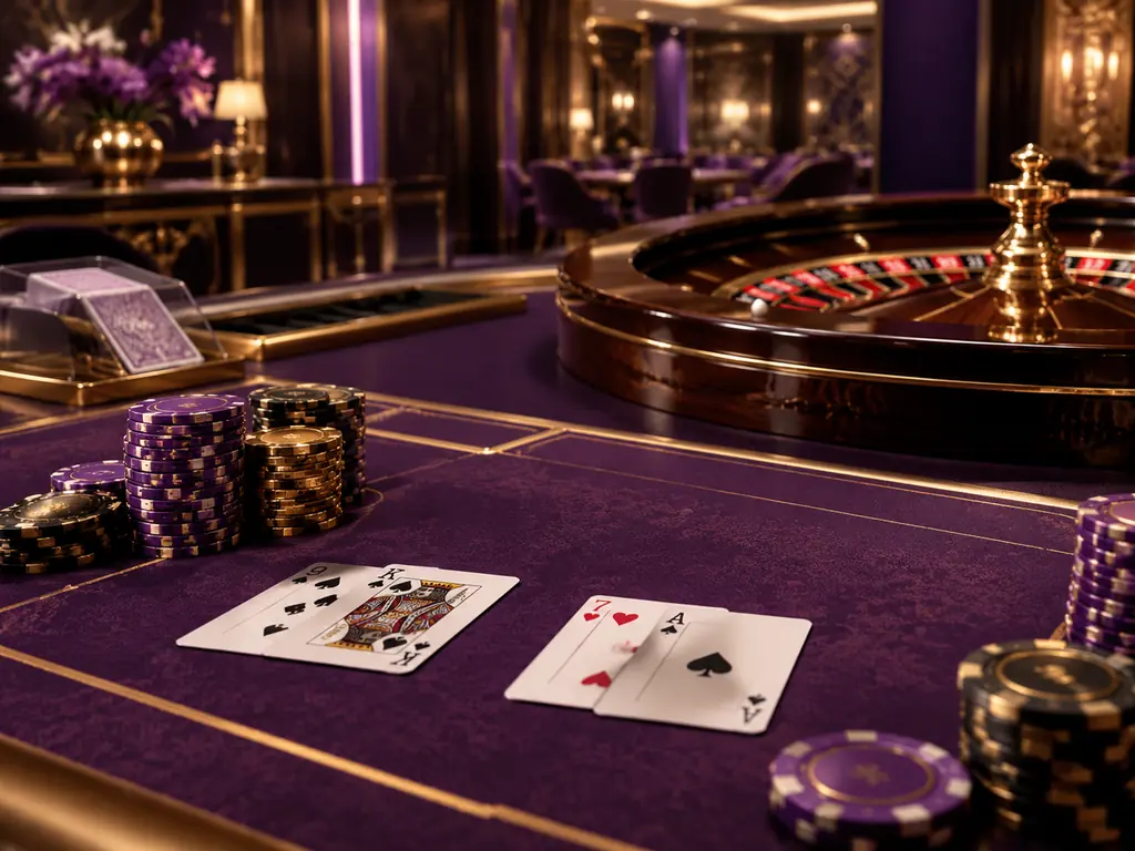 Ruang kasino bernuansa ungu dengan meja kartu dan roda roulette
