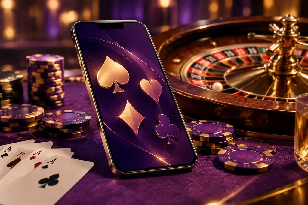 Ponsel dengan simbol kartu di dekat meja kasino