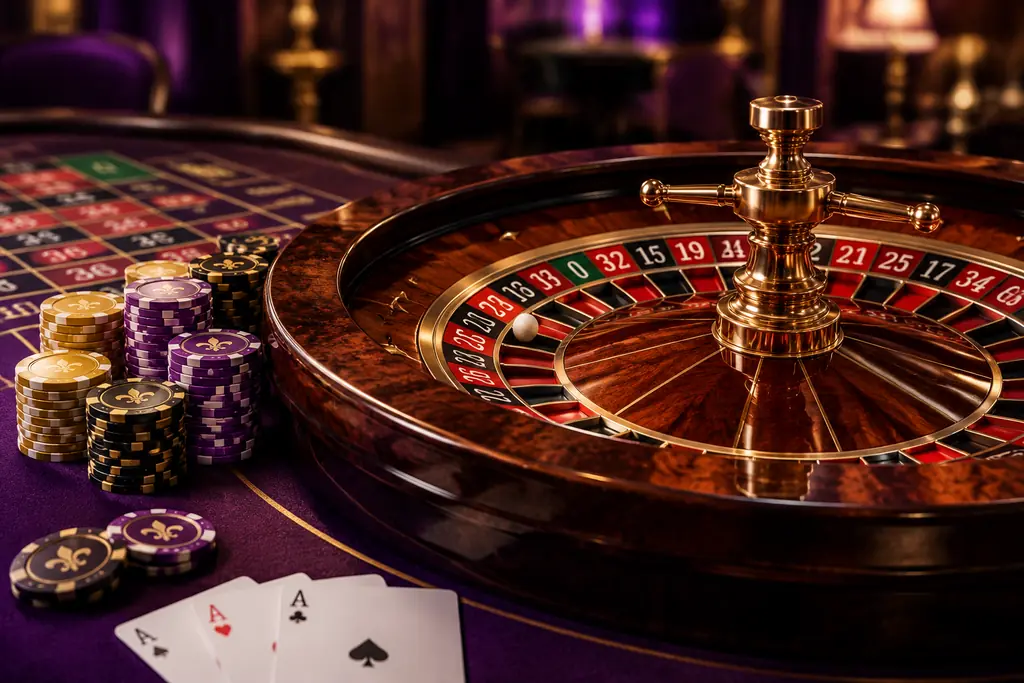 Roda roulette dan cip di meja kasino