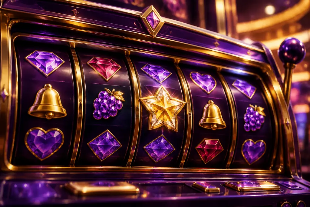 Layar mesin slot dengan motif bintang dan permata