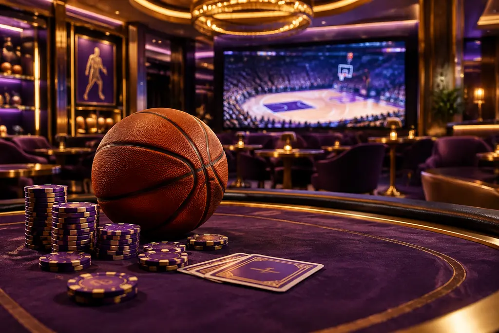 Bola basket dan cip di ruang olahraga kasino